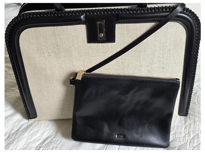 Hugo Boss Borsa Tote BOSS Ariell in pelle nera e tela beige Nero - vista 16