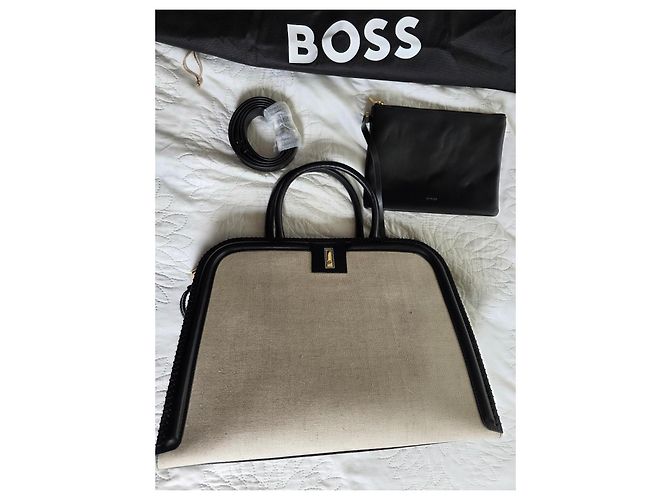 Hugo Boss Borsa Tote BOSS Ariell in pelle nera e tela beige Nero - vista 17