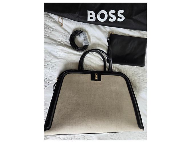 Hugo Boss Borsa Tote BOSS Ariell in pelle nera e tela beige Nero - vista 2