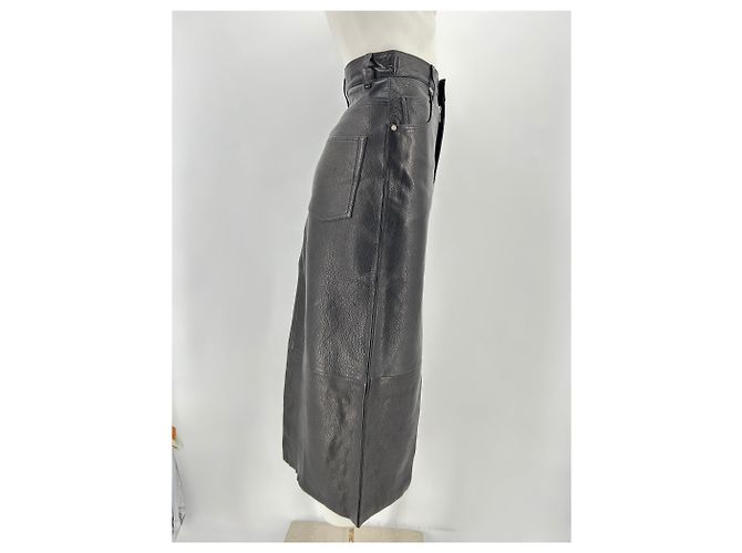 Autre Marque FRAME Langer schwarzer Lederrock mit Schlitz vorne - Ansicht 3