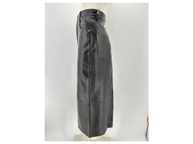 Autre Marque FRAME Langer schwarzer Lederrock mit Schlitz vorne - Ansicht 4