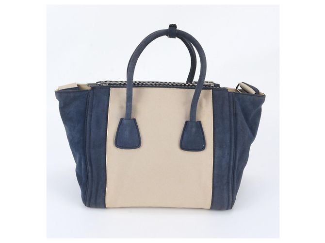 Prada Triangle Logo Leather 2-Way Tote Bag Beige Navy blue - view 3