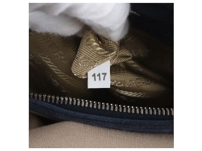 Prada Triangle Logo Leather 2-Way Tote Bag Beige Navy blue - view 9