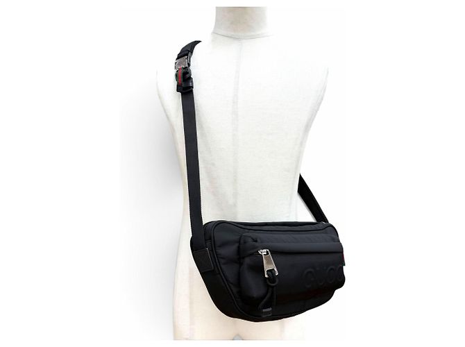 Borsa a tracolla Gucci in nylon e pelle con linea Web nera e logo impresso Nero - vista 2