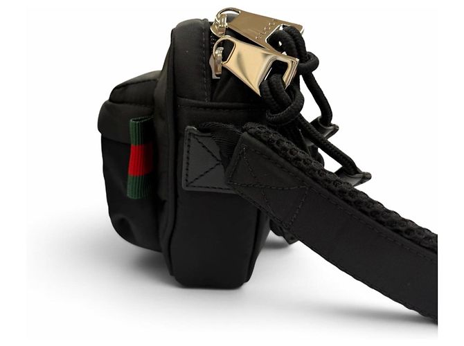 Borsa a tracolla Gucci in nylon e pelle con linea Web nera e logo impresso Nero - vista 4