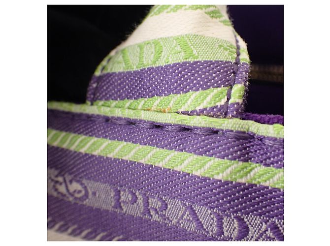 Borsa Tote Prada Small in tela Canapa a righe viola con logo Porpora - vista 11