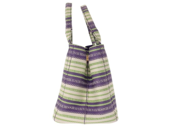 Borsa Tote Prada Small in tela Canapa a righe viola con logo Porpora - vista 14