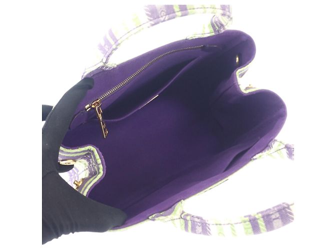 Borsa Tote Prada Small in tela Canapa a righe viola con logo Porpora - vista 4