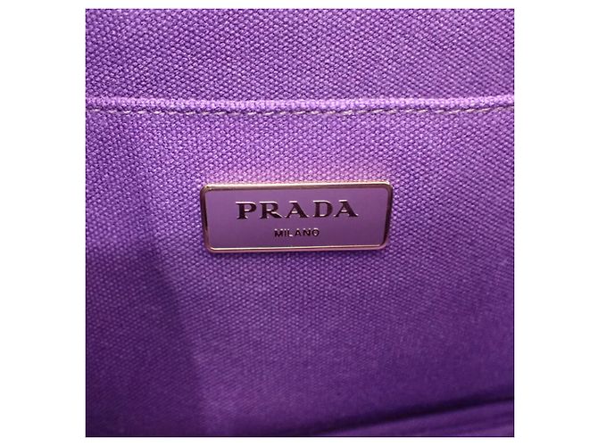 Borsa Tote Prada Small in tela Canapa a righe viola con logo Porpora - vista 5