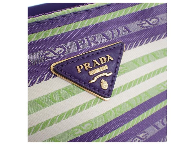 Borsa Tote Prada Small in tela Canapa a righe viola con logo Porpora - vista 6
