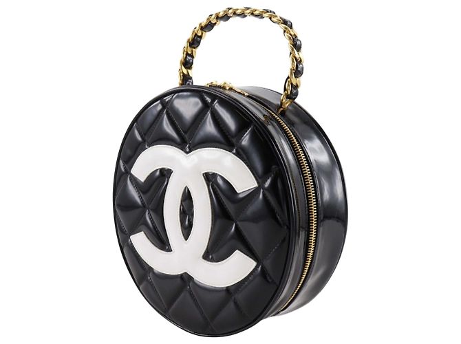 Chanel CC runde Vanity Bag aus schwarzem Lackleder gesteppt - Ansicht 15