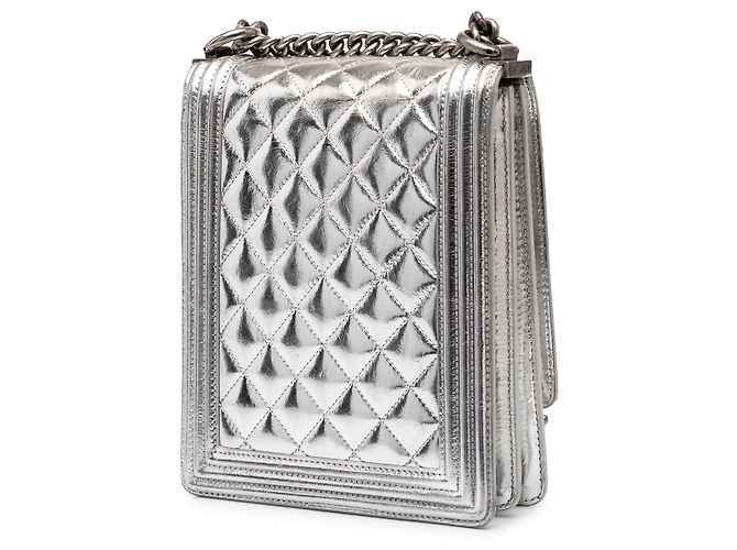 Chanel Silver Quilted Metallic Goatskin North South Boy Flap Argento - vista 2