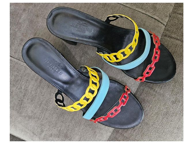 Hermès Multicolor Chain Heeled Sandals Black Red Yellow Light blue - view 8