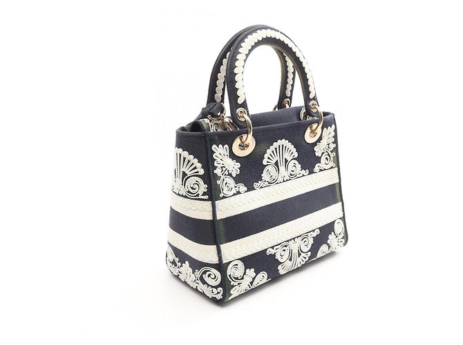 Christian Dior Dior LADY D-LITE Cornelie 2-Way Handtasche Medium Weiß Marineblau - Ansicht 2