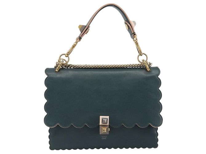 FENDI Canay Chain Shoulder Bag Leather 2way Green Gold Tone 8BT283 - vista 2