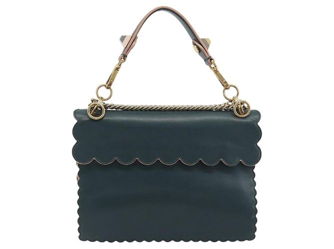 FENDI Canay Chain Shoulder Bag Leather 2way Green Gold Tone 8BT283 - vista 3