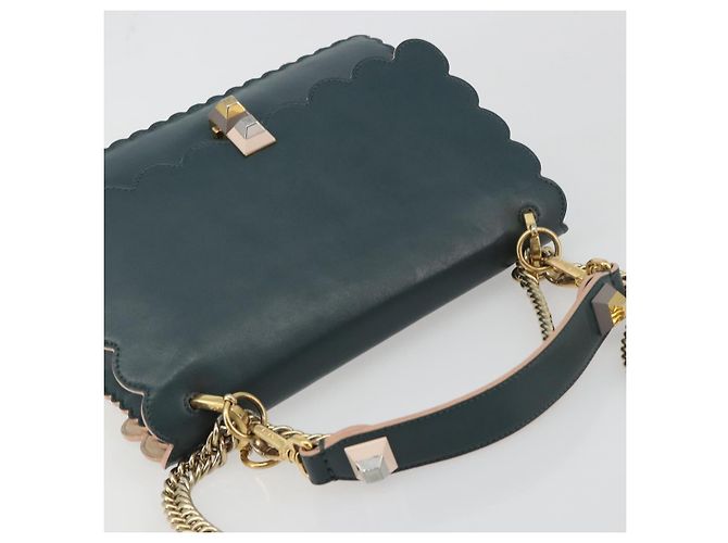 FENDI Canay Chain Shoulder Bag Leather 2way Green Gold Tone 8BT283 - vista 6