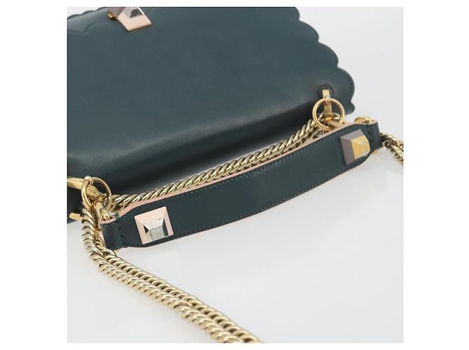 FENDI Canay Chain Shoulder Bag Leather 2way Green Gold Tone 8BT283 - vista 7