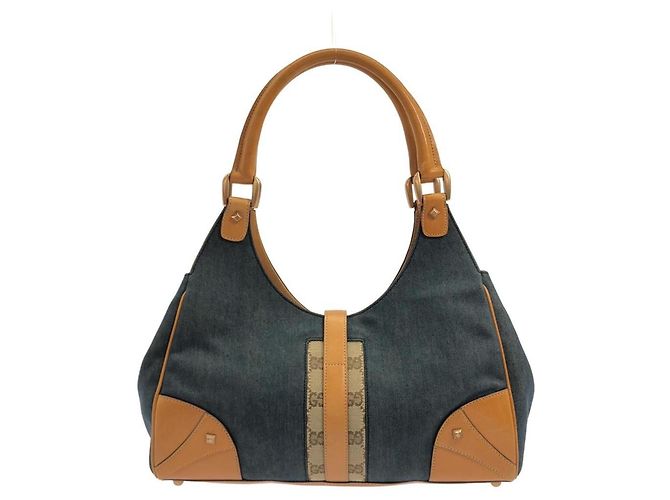 Borsa Gucci in denim blu e tela GG marrone chiaro 124407 - vista 2