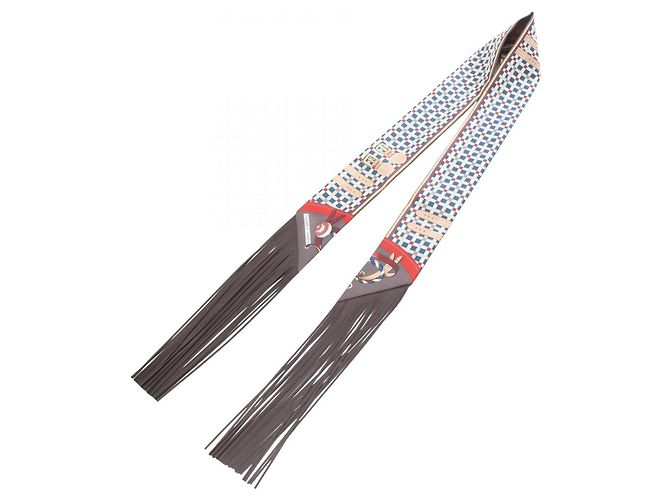 Hermès Hermes Twilly Fringe Les Voitures Nouvelles Schal Braun Mehrfarben Marineblau - Ansicht 2