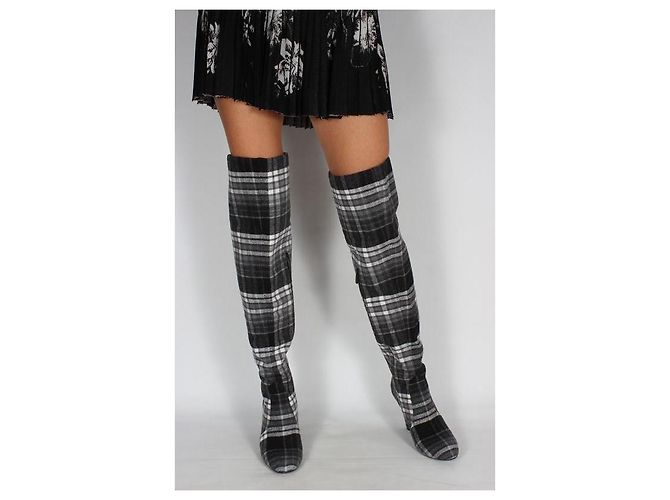 Autre Marque The Coat Grey Check Wool Blend Over-the-Knee Boots Black White - view 2
