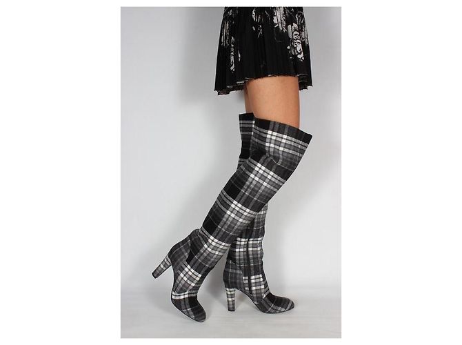Autre Marque The Coat Grey Check Wool Blend Over-the-Knee Boots Black White - view 6