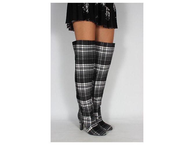 Autre Marque The Coat Grey Check Wool Blend Over-the-Knee Boots Black White - view 8
