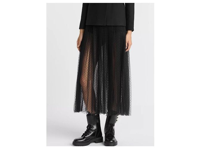 Christian Dior Saia Midi Plissada de Tule com Bolinhas Preta Preto - vista 3