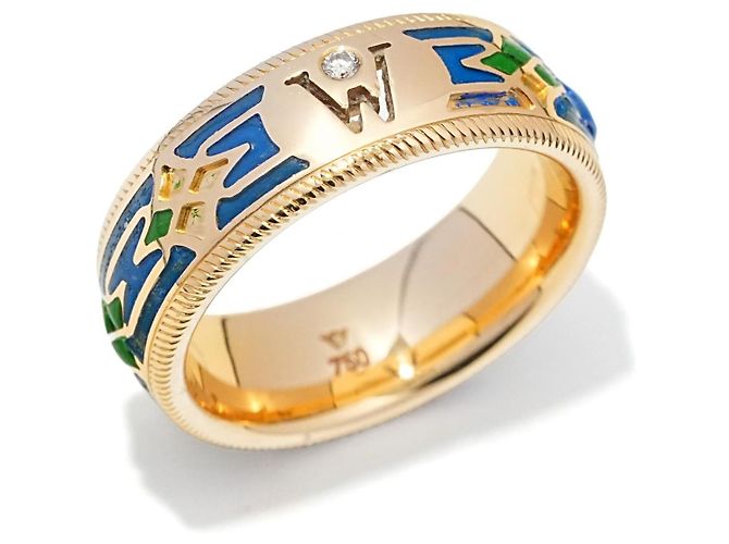 Anello rotante Wellendorff in oro giallo 18K con smalto e diamanti Blu D'oro Verde - vista 2