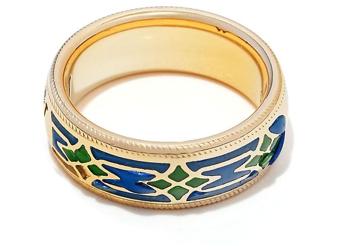 Anello rotante Wellendorff in oro giallo 18K con smalto e diamanti Blu D'oro Verde - vista 3