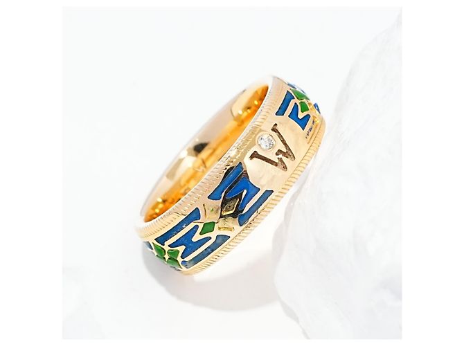 Anello rotante Wellendorff in oro giallo 18K con smalto e diamanti Blu D'oro Verde - vista 4