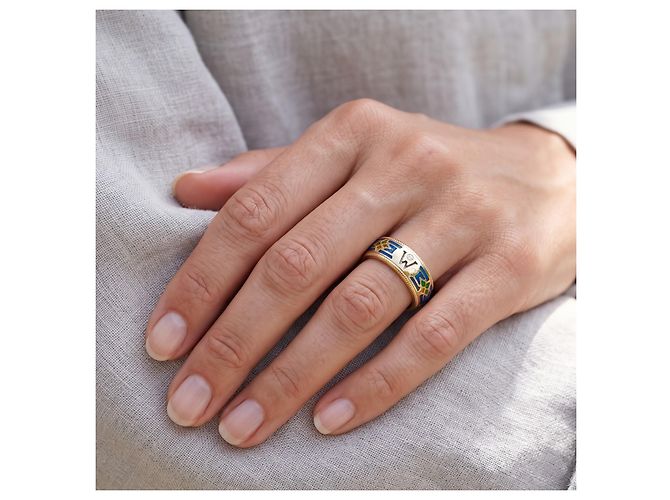 Anello rotante Wellendorff in oro giallo 18K con smalto e diamanti Blu D'oro Verde - vista 5