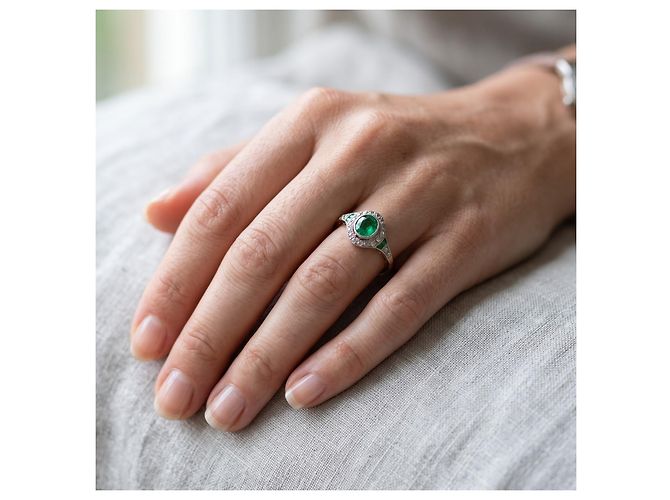 Autre Marque Art Déco Ring Smaragd Diamant Gold 585 Platin Größe 57 Golden Grün - Ansicht 6