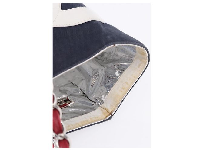 Borsa a Tracolla Tote con Catena CHANEL Choco Bar Canvas Navy Silver CC Auth 205836A Argento Blu navy - vista 16