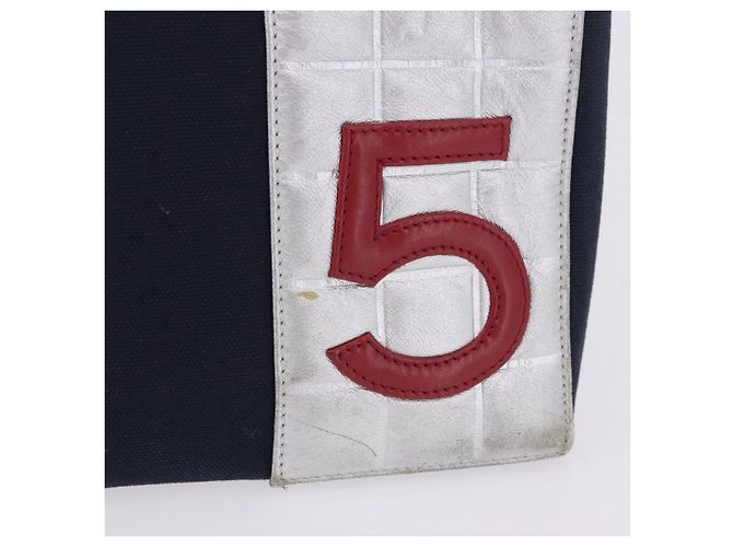 Borsa a Tracolla Tote con Catena CHANEL Choco Bar Canvas Navy Silver CC Auth 205836A Argento Blu navy - vista 2
