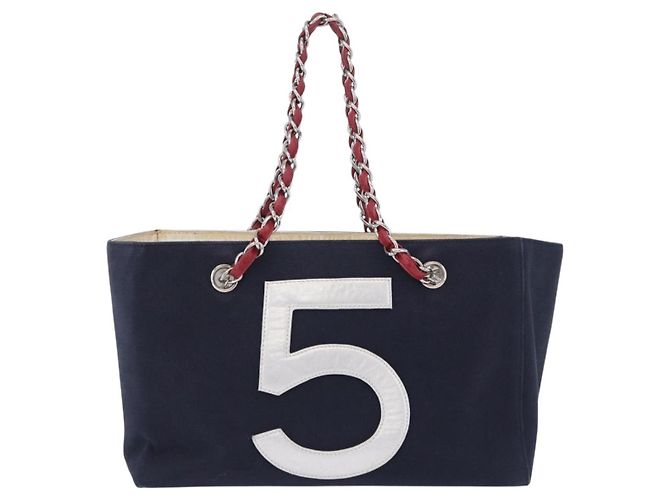 Borsa a Tracolla Tote con Catena CHANEL Choco Bar Canvas Navy Silver CC Auth 205836A Argento Blu navy - vista 3