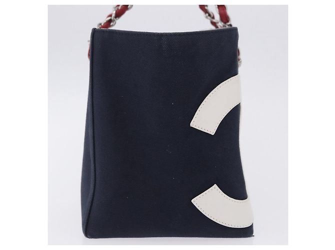 Borsa a Tracolla Tote con Catena CHANEL Choco Bar Canvas Navy Silver CC Auth 205836A Argento Blu navy - vista 6