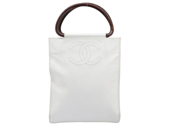 Borsa a mano CHANEL COCO Mark Wood Pelle Caviar White Gold CC Auth 201487V Bianco D'oro - vista 13