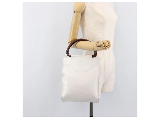 Borsa a mano CHANEL COCO Mark Wood Pelle Caviar White Gold CC Auth 201487V Bianco D'oro - vista 23