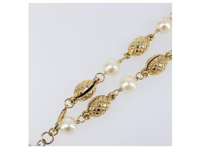 CHANEL Perlenkette Metall Gold White CC Auth 201532 Weiß Golden - Ansicht 5