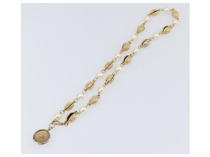 CHANEL Perlenkette Metall Gold White CC Auth 201532 Weiß Golden - Ansicht 9