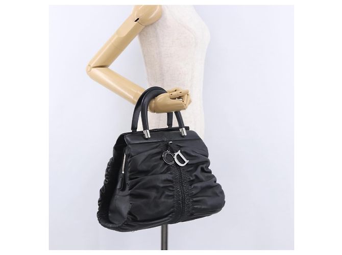 Christian Dior Carreo Hand Bag Leather Black Silver Auth am12602SAM Silvery - view 30