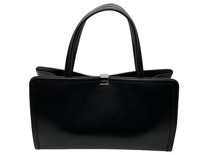 mala tote Max Mara em couro preto com alças duplas e ferragens prateadas - vista 3