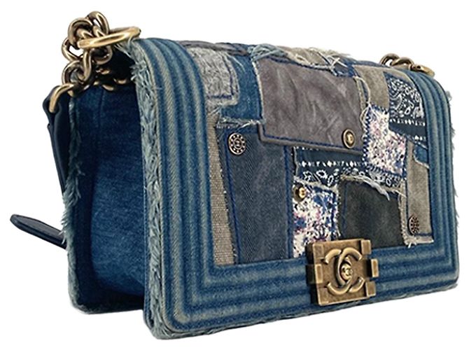 Borsa Boy Chanel Old Medium in denim patchwork blu - vista 3