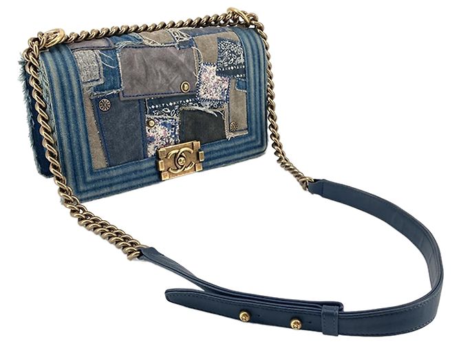 Borsa Boy Chanel Old Medium in denim patchwork blu - vista 4