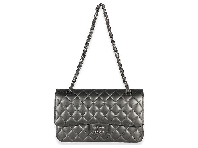 Gabrielle Borsa Chanel Medium Classic Double Flap in pelle d'agnello matelassé grigio metallizzato Metallico - vista 5