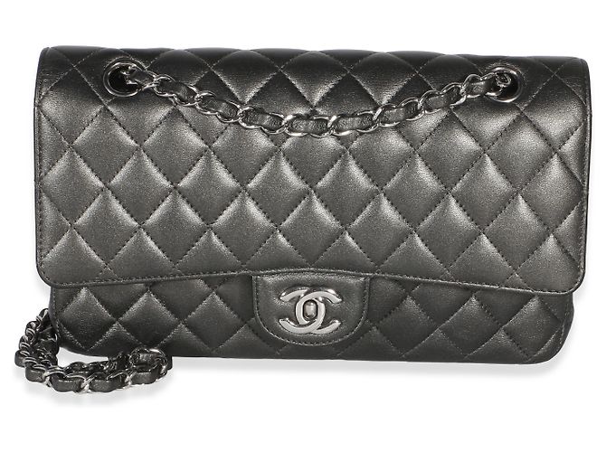 Gabrielle Borsa Chanel Medium Classic Double Flap in pelle d'agnello matelassé grigio metallizzato Metallico - vista 8