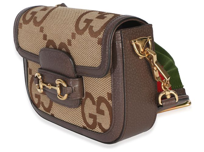 Borsa a tracolla Gucci Camel Monogram Jumbo GG in pelle di vitello Web Small Horsebit 1955 - vista 3