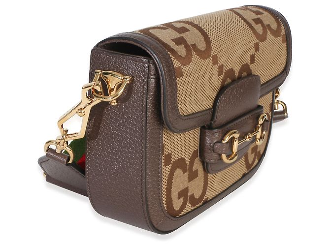 Borsa a tracolla Gucci Camel Monogram Jumbo GG in pelle di vitello Web Small Horsebit 1955 - vista 4