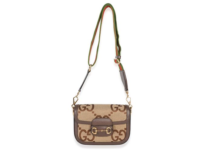 Borsa a tracolla Gucci Camel Monogram Jumbo GG in pelle di vitello Web Small Horsebit 1955 - vista 5